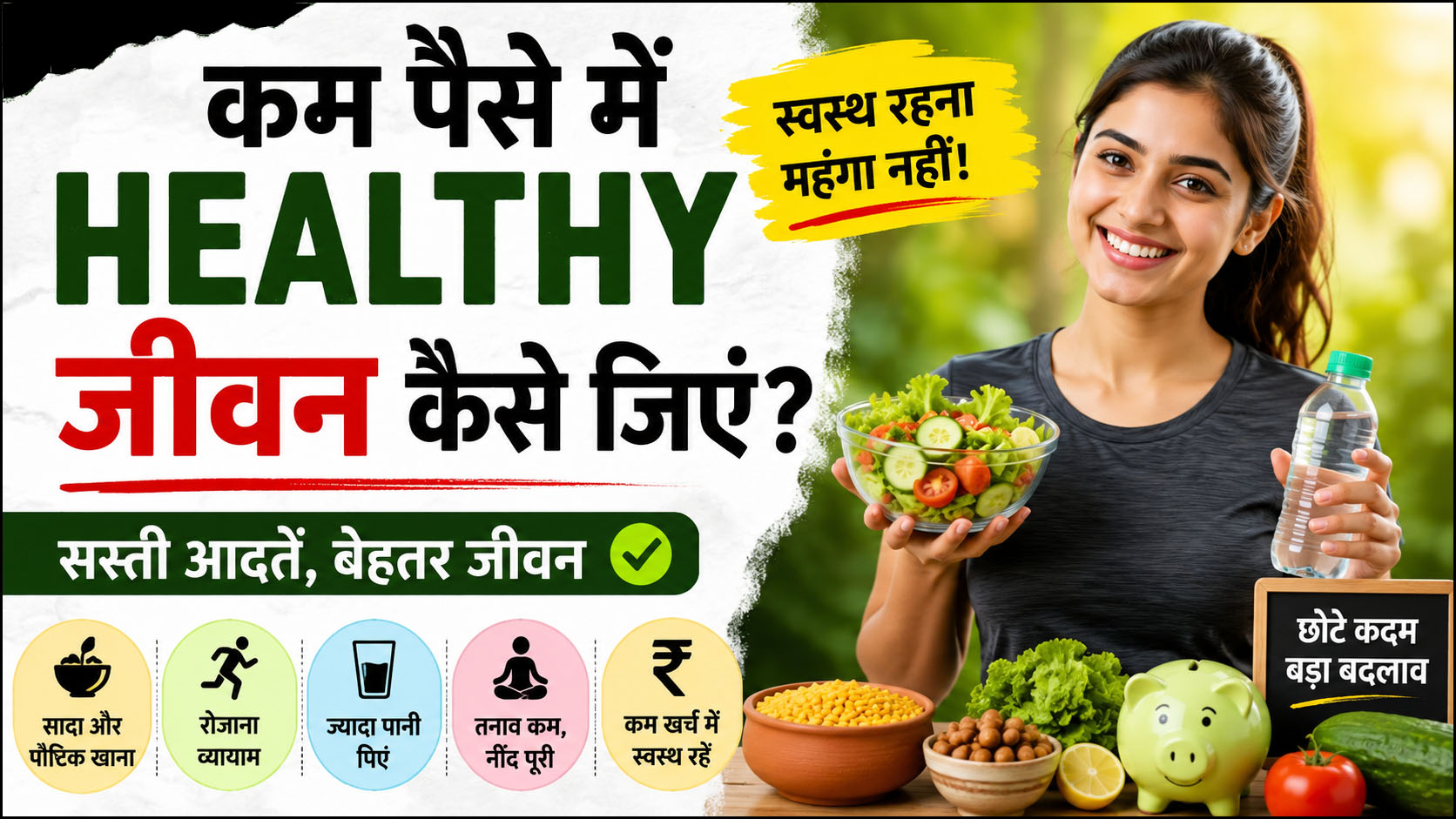 कम पैसे में healthy जीवन जीने के आसान तरीके बताते हुए एक healthy lifestyle thumbnail जिसमें महिला healthy food और पानी के साथ दिखाई दे रही है।